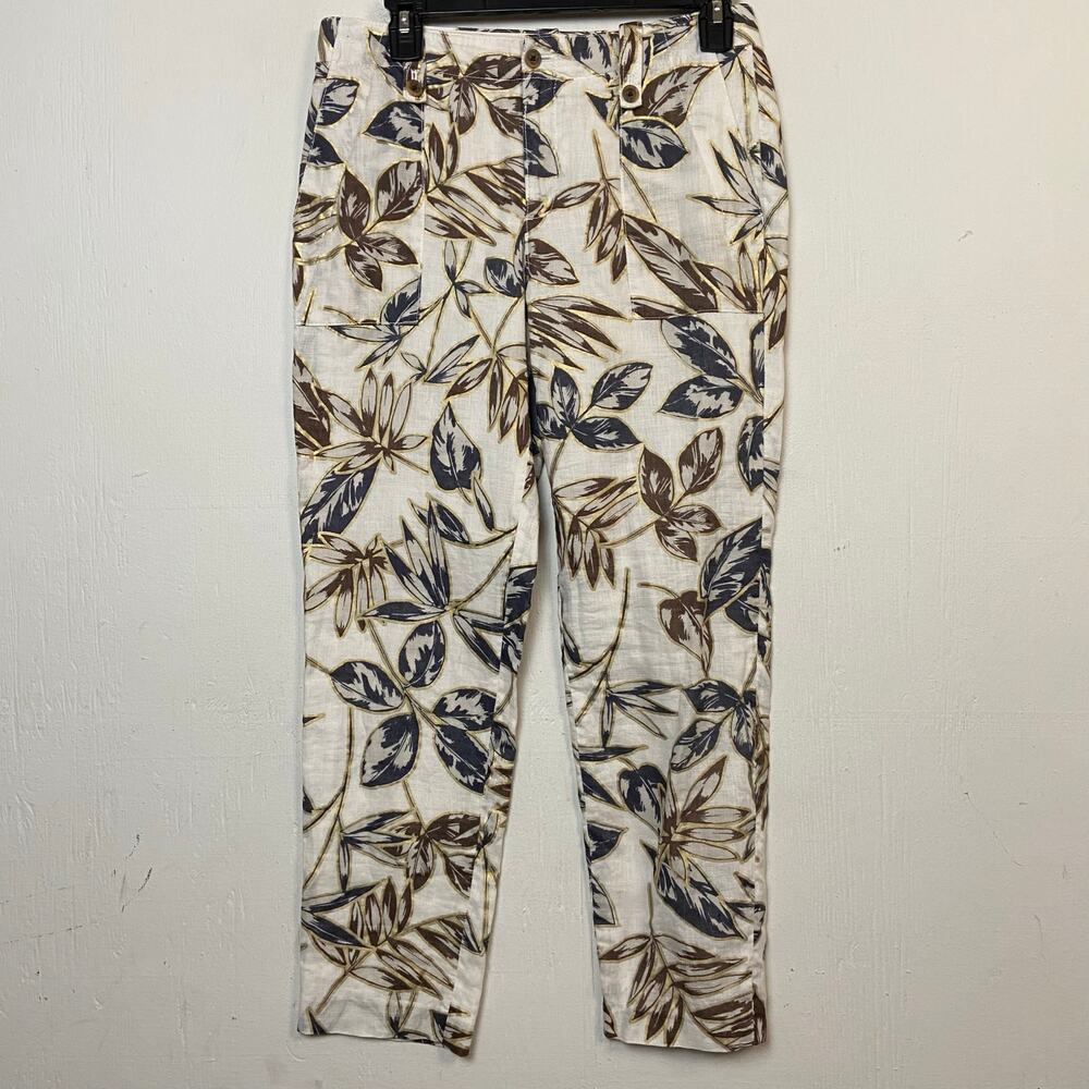 J Crew Linen Garden Foil Metallic Gold Tropical Palm Ankle Pant Size 2  C645
